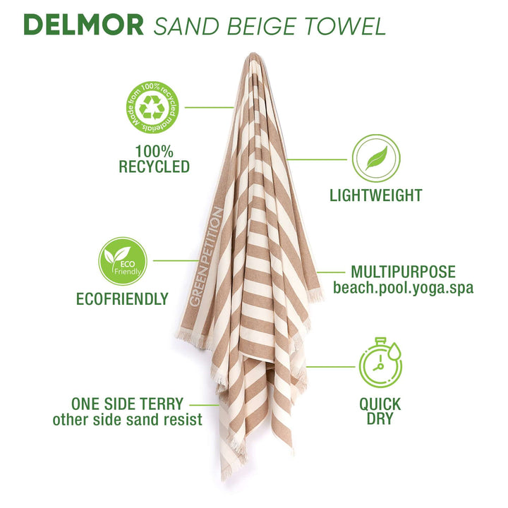 Delmor Sand Beige Towel features eco-friendly, lightweight design, quick-dry materials, and versatile for beach, pool, and yoga.