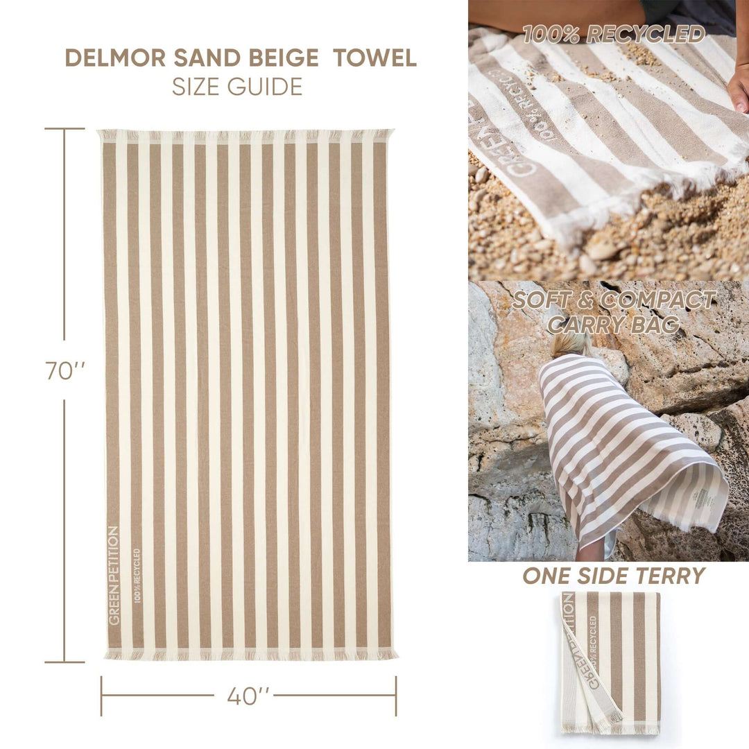 Delmor Sand Beach Towel size guide, eco-friendly, lightweight, 100% recycled, includes compact carrying bag and terry side.