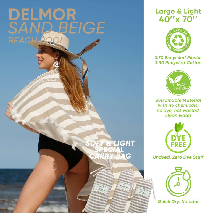 Delmor Sand Beach Towel in beige stripes, lightweight and eco-friendly with a recycled carrying bag for easy travel.