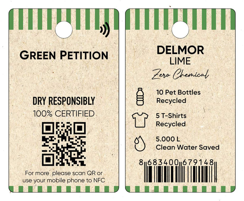Eco-friendly product tags for Delmor Lime highlighting recycling and sustainability efforts.