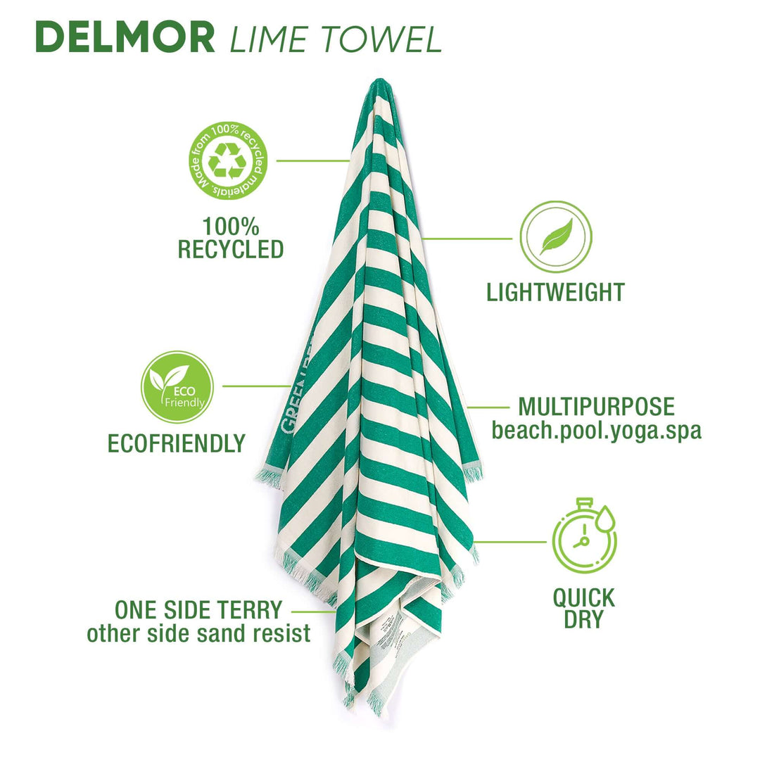 Delmor Lime Beach Towel on display, featuring eco-friendly, lightweight design, and multipurpose for beach, pool, and yoga.
