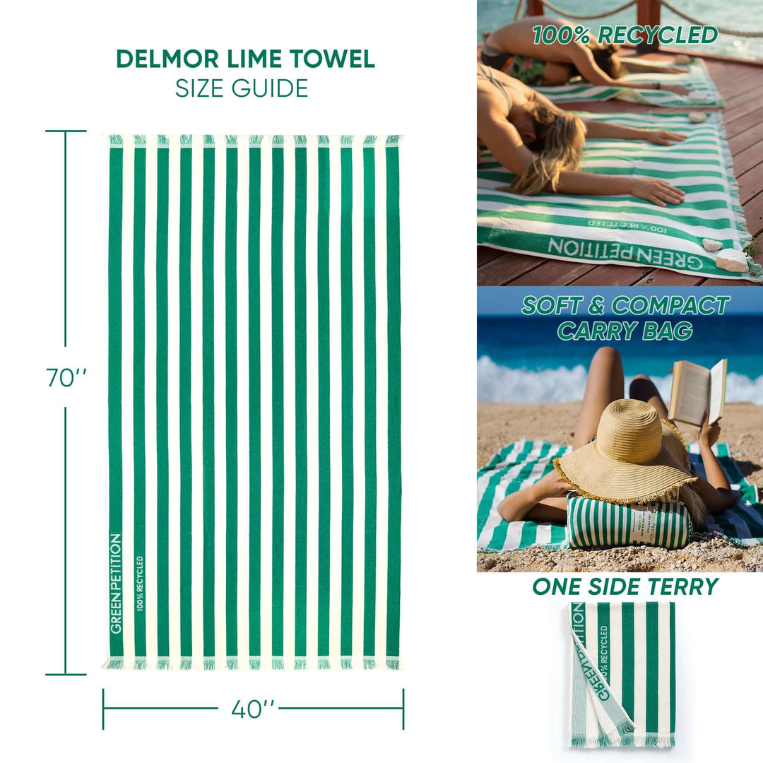 Delmor Lime Beach Towel size guide showing dimensions, eco-friendly material, and compact carry bag.