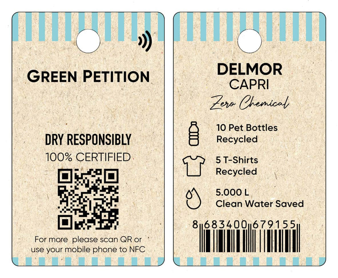 Eco-friendly clothing tag showcasing recycling facts and QR code for sustainable practices.