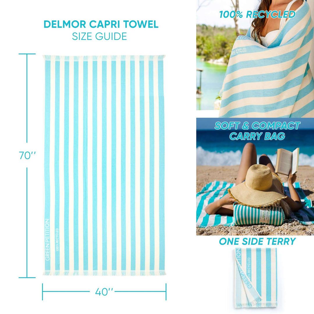 Delmor Capri Beach Towel size guide with dimensions and eco-friendly carrying bag features.