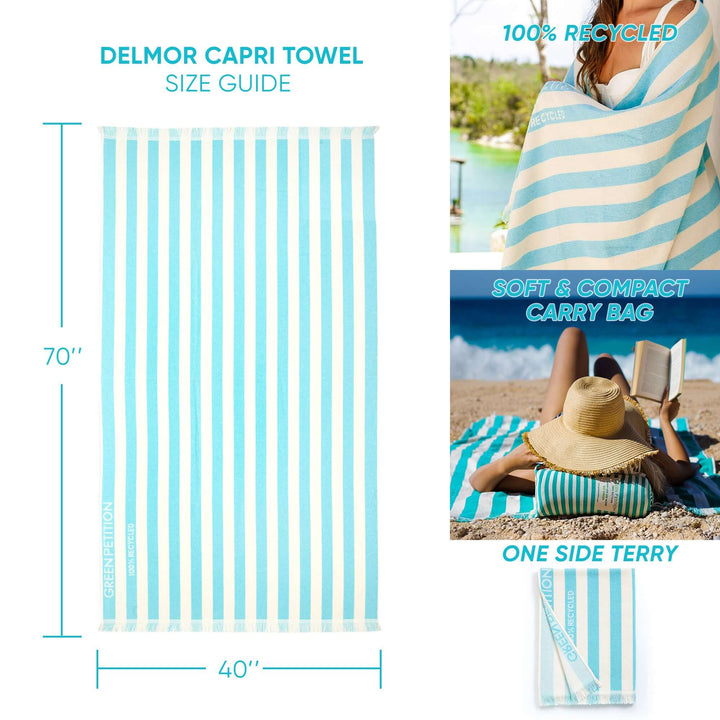 Delmor Capri Beach Towel size guide with dimensions and eco-friendly carrying bag features.