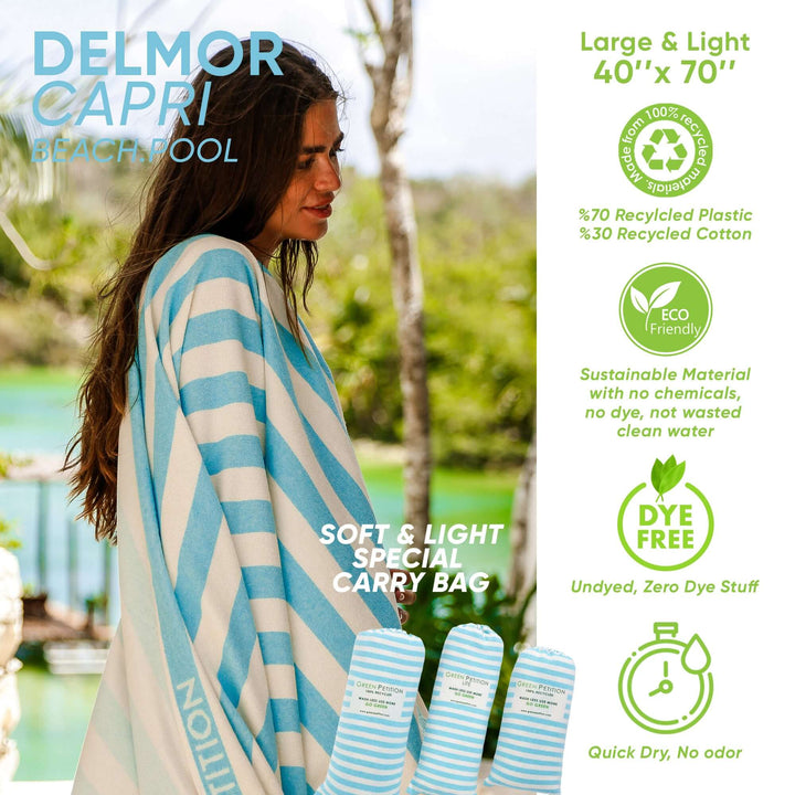 Delmor Capri Beach Towel in blue and white stripes, 40" x 70", eco-friendly, lightweight, with reusable carrying bag.