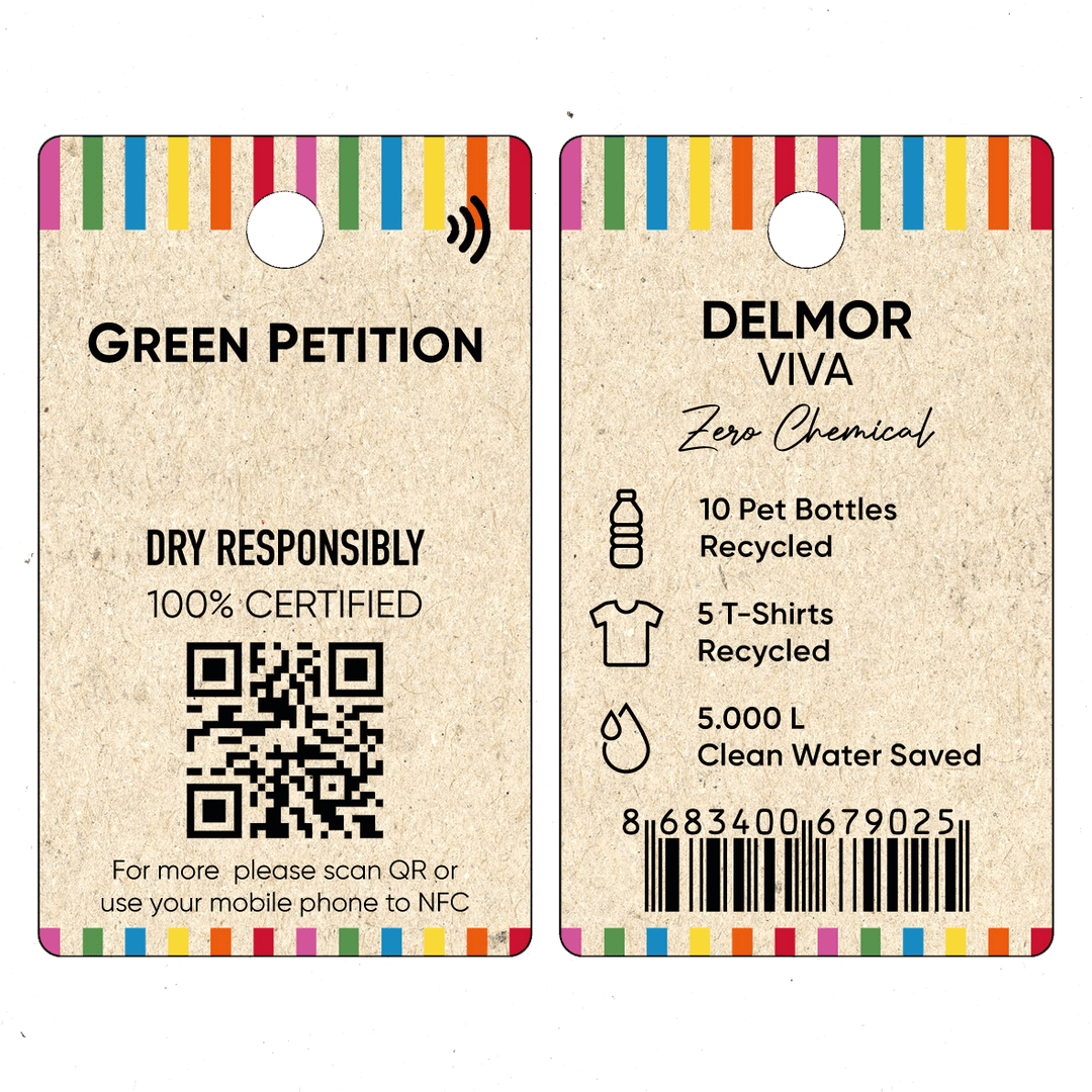 Eco-friendly tag showcasing recycling details for Delmor Viva, including materials and clean water savings.