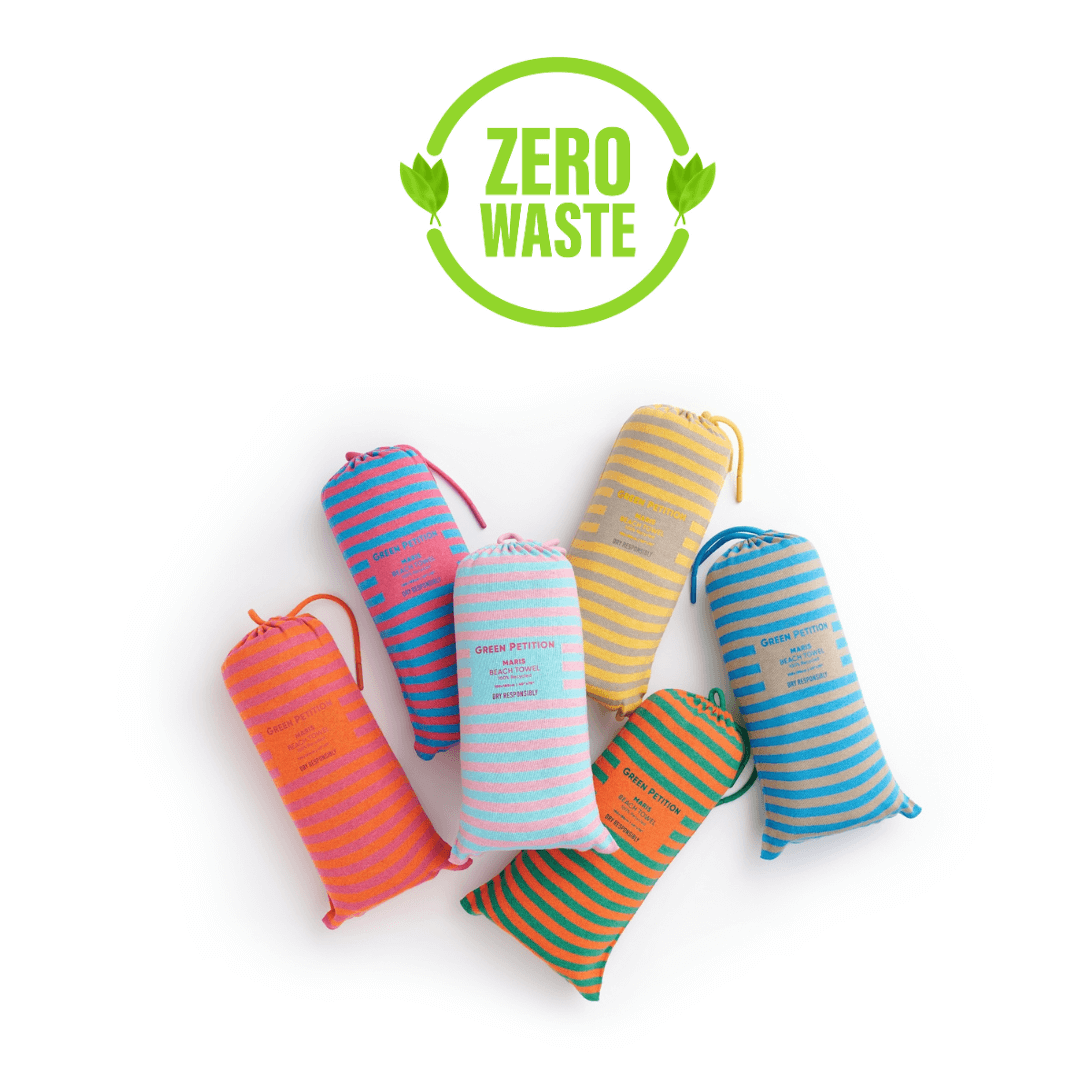 Colorful zero waste bags in pastel stripes, promoting eco-friendly living and sustainability.