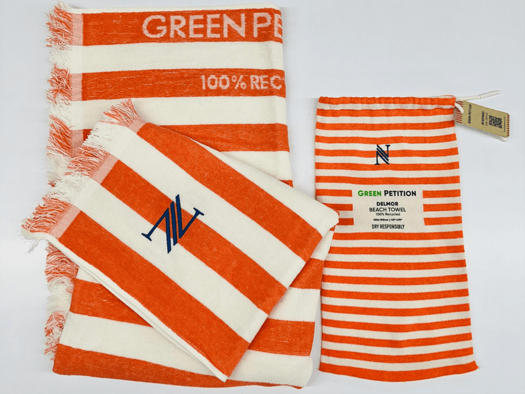 Eco-friendly beach towel set featuring bold orange and white stripes, packaged for sustainable appeal.