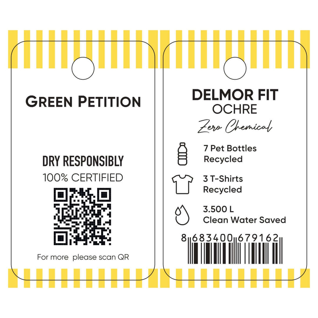 Label showing eco-friendly materials used in Delmor Fit clothing, promoting sustainability and recycling practices.