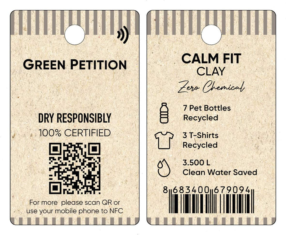 Sustainable clothing tag showcasing eco-friendly materials and certifications, including QR code for more info.