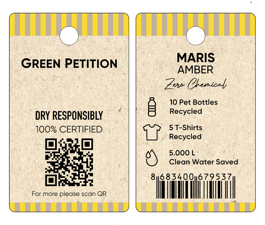 Eco-friendly tag for Maris Amber featuring recycling details and QR code for more information