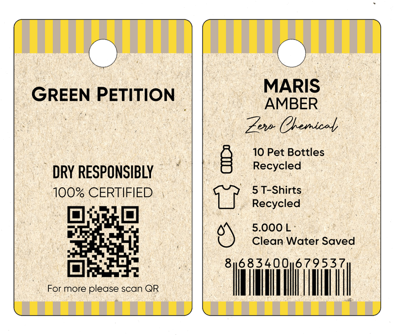 Eco-friendly tag for Maris Amber featuring recycling details and QR code for more information