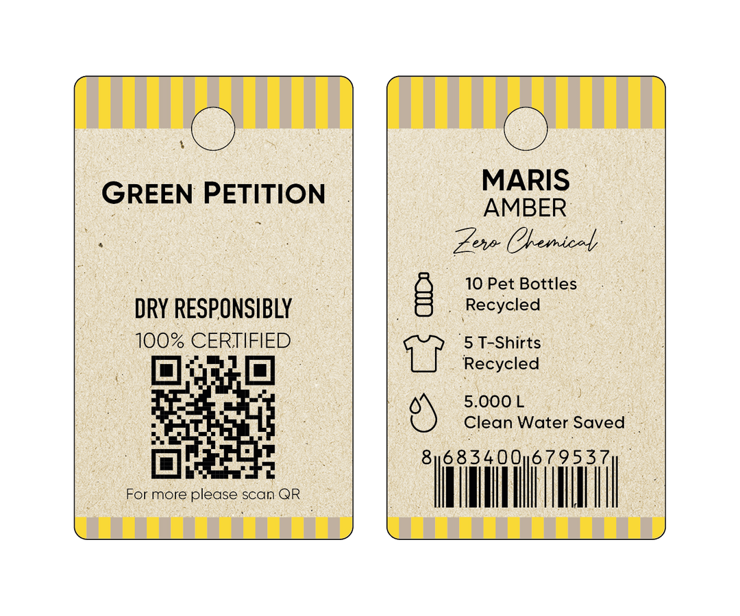 Eco-friendly product tag featuring recycling information, QR code, and certification details for sustainable items.