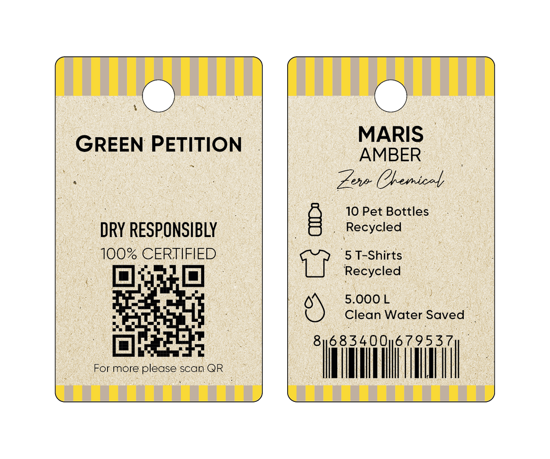 Eco-friendly product tag showcasing recycled materials and sustainability statistics with a QR code.