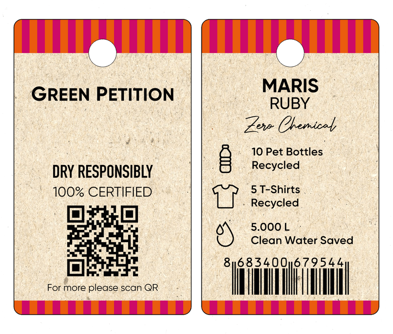 Eco-friendly tag for Maris Ruby brand featuring recycling details and QR code for sustainability information.