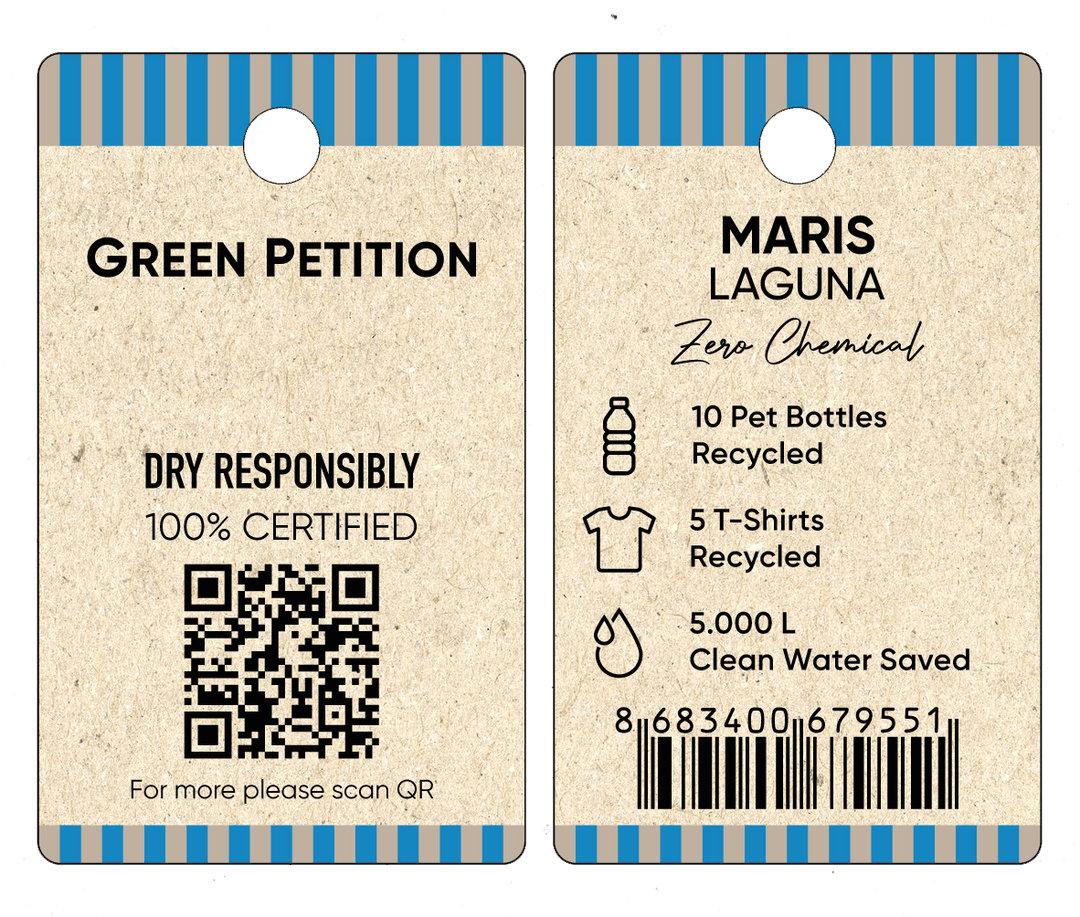Eco-friendly tag detailing recycled materials: 10 pet bottles, 5 t-shirts, and 5,000 liters of water saved.