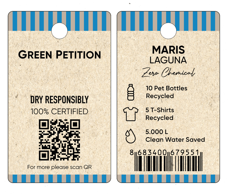 Eco-friendly tag detailing recycled materials: 10 pet bottles, 5 t-shirts, and 5,000 liters of water saved.