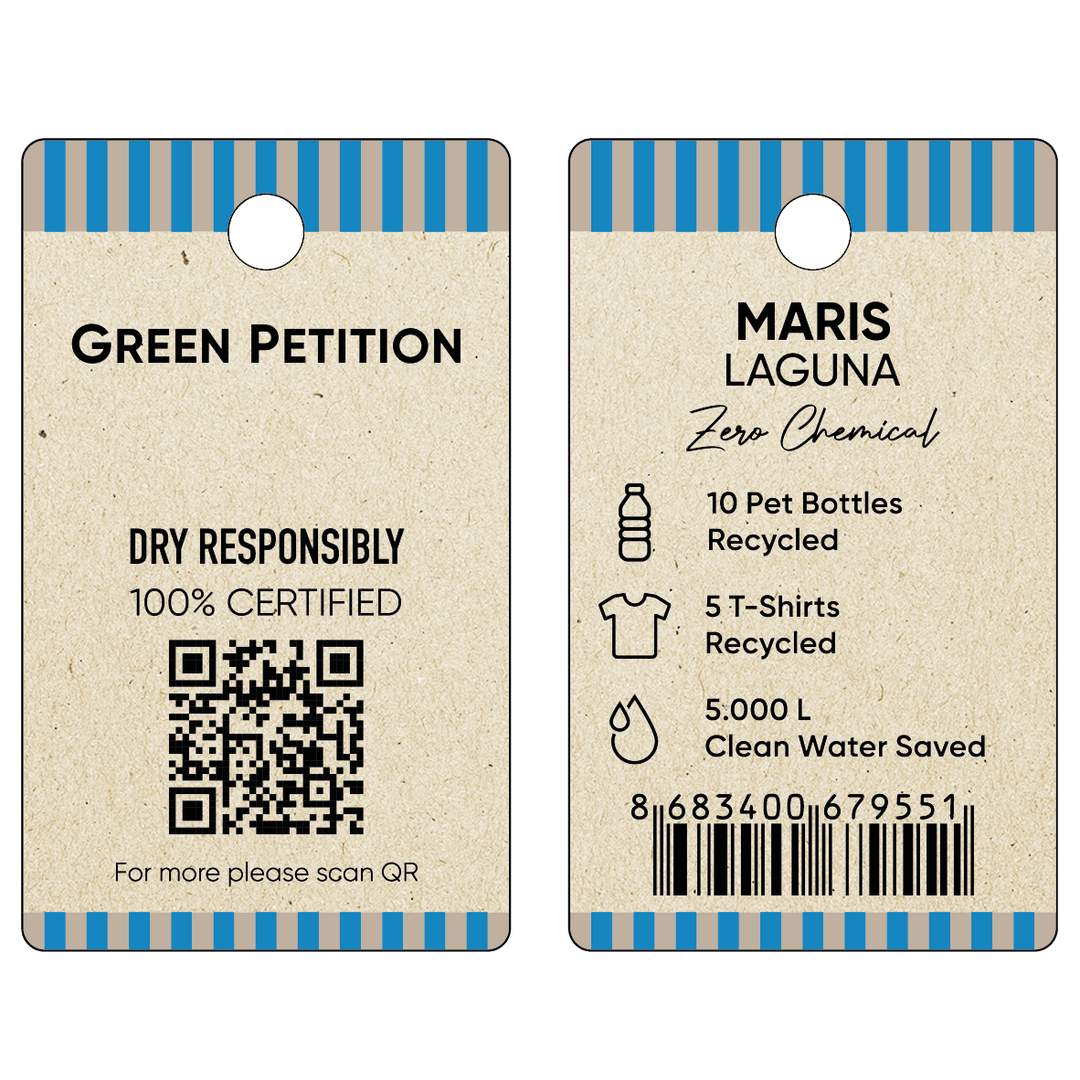 Eco-friendly tag showing recycling stats for Maris Laguna, including 10 bottles and 5 t-shirts recycled.