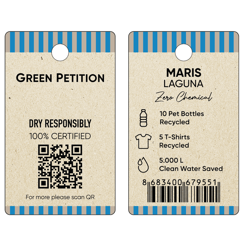 Eco-friendly tag showing recycling stats for Maris Laguna, including 10 bottles and 5 t-shirts recycled.