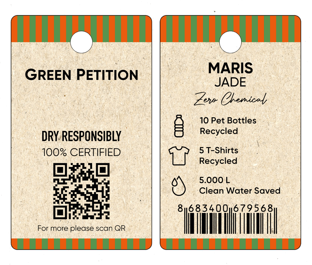 Sustainable product tags showcasing recycled materials, QR code, and environmental impact info.