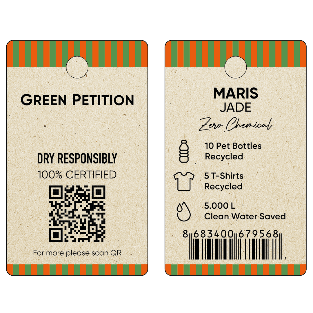 Recycled materials tags for Green Petition by Maris Jade, featuring QR code and sustainability stats.