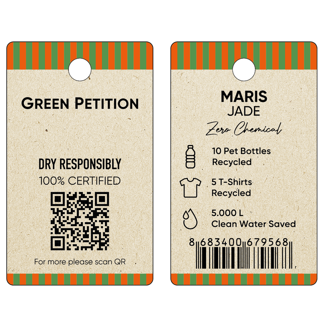 Eco-friendly label showing recycling stats: 10 PET bottles, 5 T-shirts, and 5,000 L clean water saved.