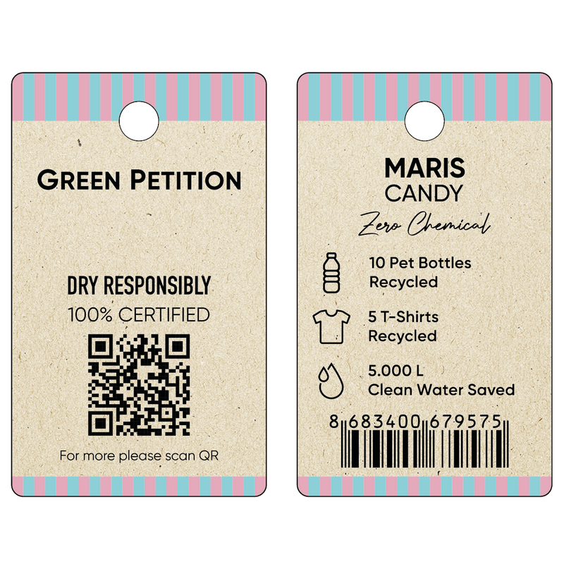 Eco-friendly product tags showcasing recycling stats and QR code for Green Petition and Maris Candy.