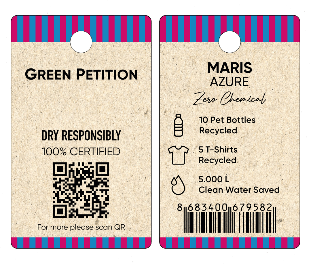 Eco-friendly product tag showing recycled materials and sustainable practices, QR code for more info.