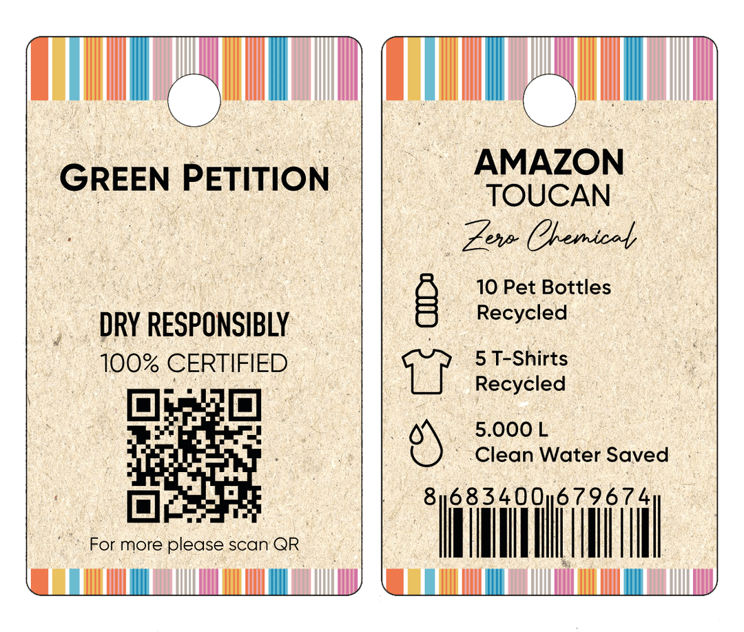 Sustainable product tag highlighting eco-friendly credentials, including recycling stats and clean water saved.
