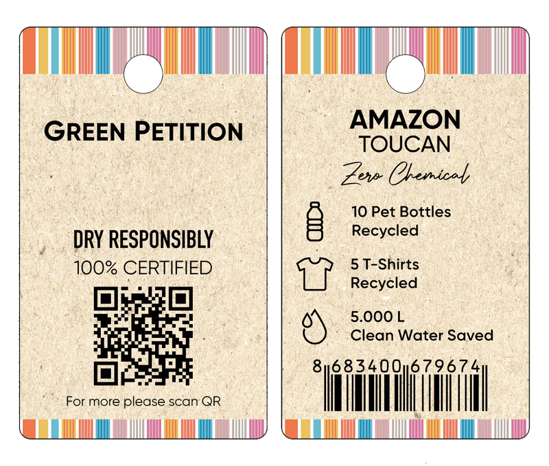 Sustainable product tag highlighting eco-friendly credentials, including recycling stats and clean water saved.