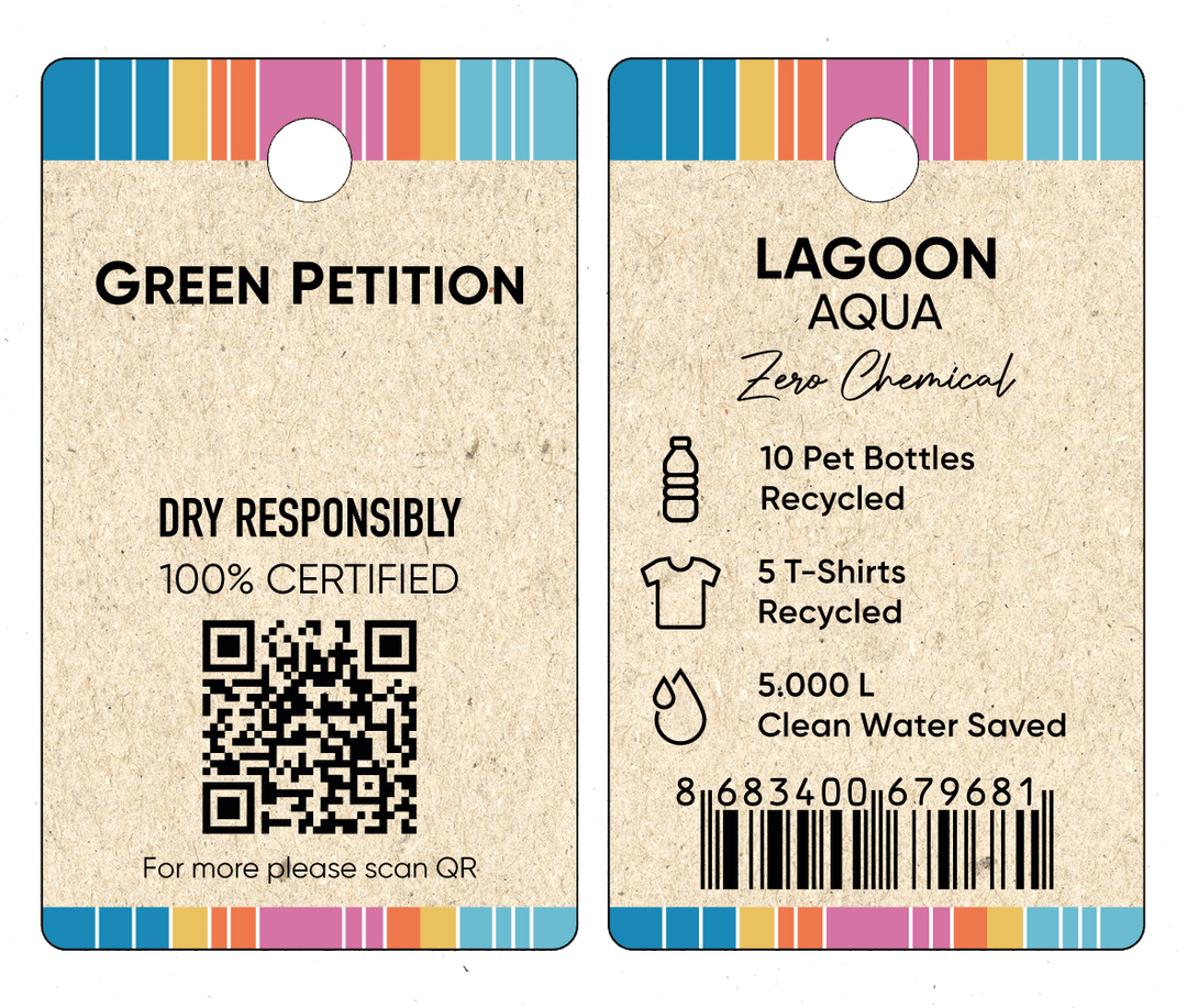Eco-friendly product tag showcasing recycled materials and water conservation details.