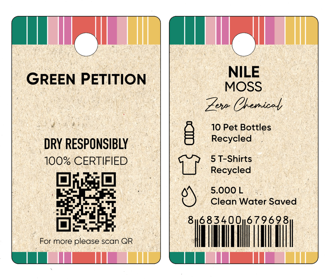 Eco-friendly product tag displaying recycled materials and sustainability information, featuring a QR code.