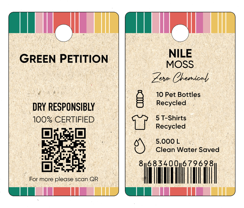 Eco-friendly product tag displaying recycled materials and sustainability information, featuring a QR code.
