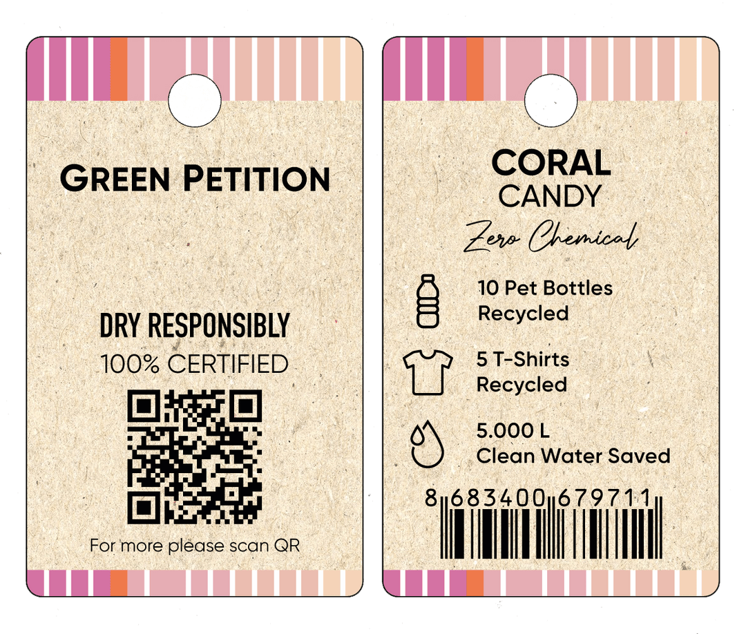 Eco-friendly product tags for Coral Candy, highlighting recycling and sustainability efforts with QR code.