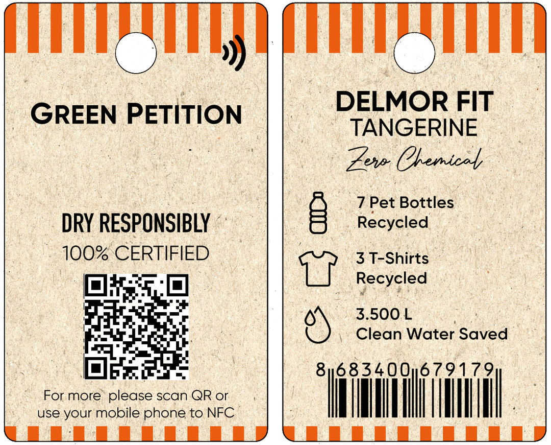 Eco-friendly product tag showcasing recycled materials and clean water saved, highlighting sustainable practices.