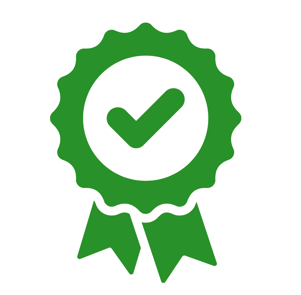 Green award badge with check mark, symbolizing quality assurance and certification.