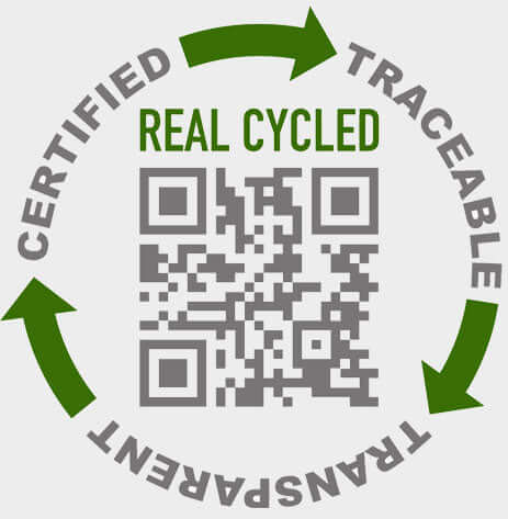 Logo displaying a QR code with text: Certified, Traceable, Real Cycled, emphasizing sustainability and transparency.