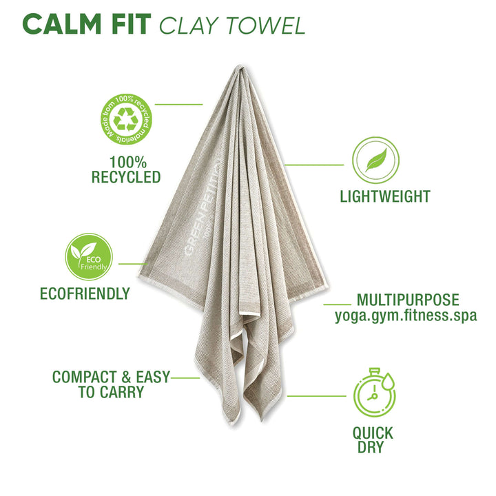 Calm FIT Clay Bath Towel, eco-friendly, 100% recycled materials, lightweight, quick-dry, multipurpose for yoga, gym, and spa.
