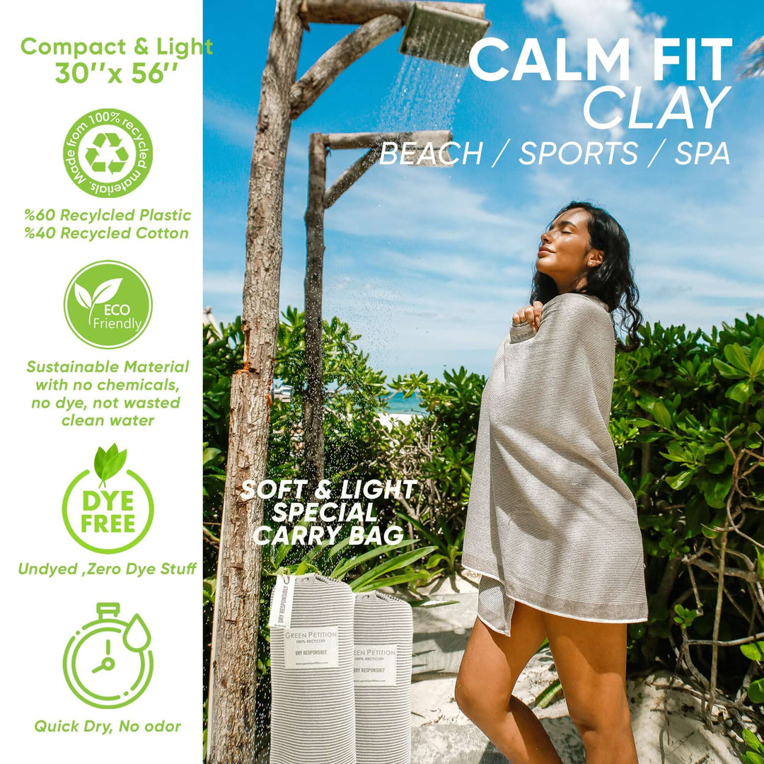 Calm FIT Clay Bath Towel, eco-friendly, made from 100% recycled materials, perfect for beach, sports, and spa activities.