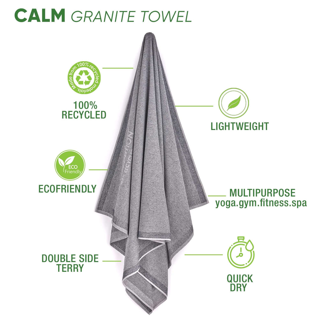 Calm Granite Bath Towel made from 100% recycled materials, lightweight, quick-dry, perfect for multiple uses.