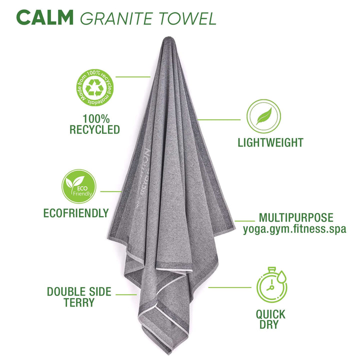 Calm Granite Bath Towel made from 100% recycled materials, lightweight, quick-dry, perfect for multiple uses.