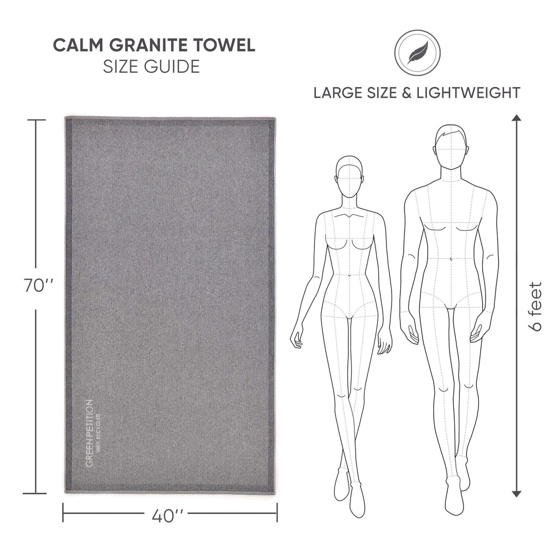 Calm Granite Bath Towel size guide showing 40"x70" dimensions, lightweight design, and eco-friendly material features.