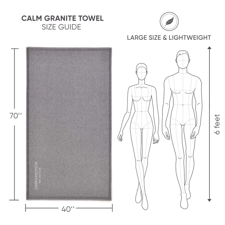 Calm Granite Bath Towel size guide showing 40"x70" dimensions, lightweight design, and eco-friendly material features.