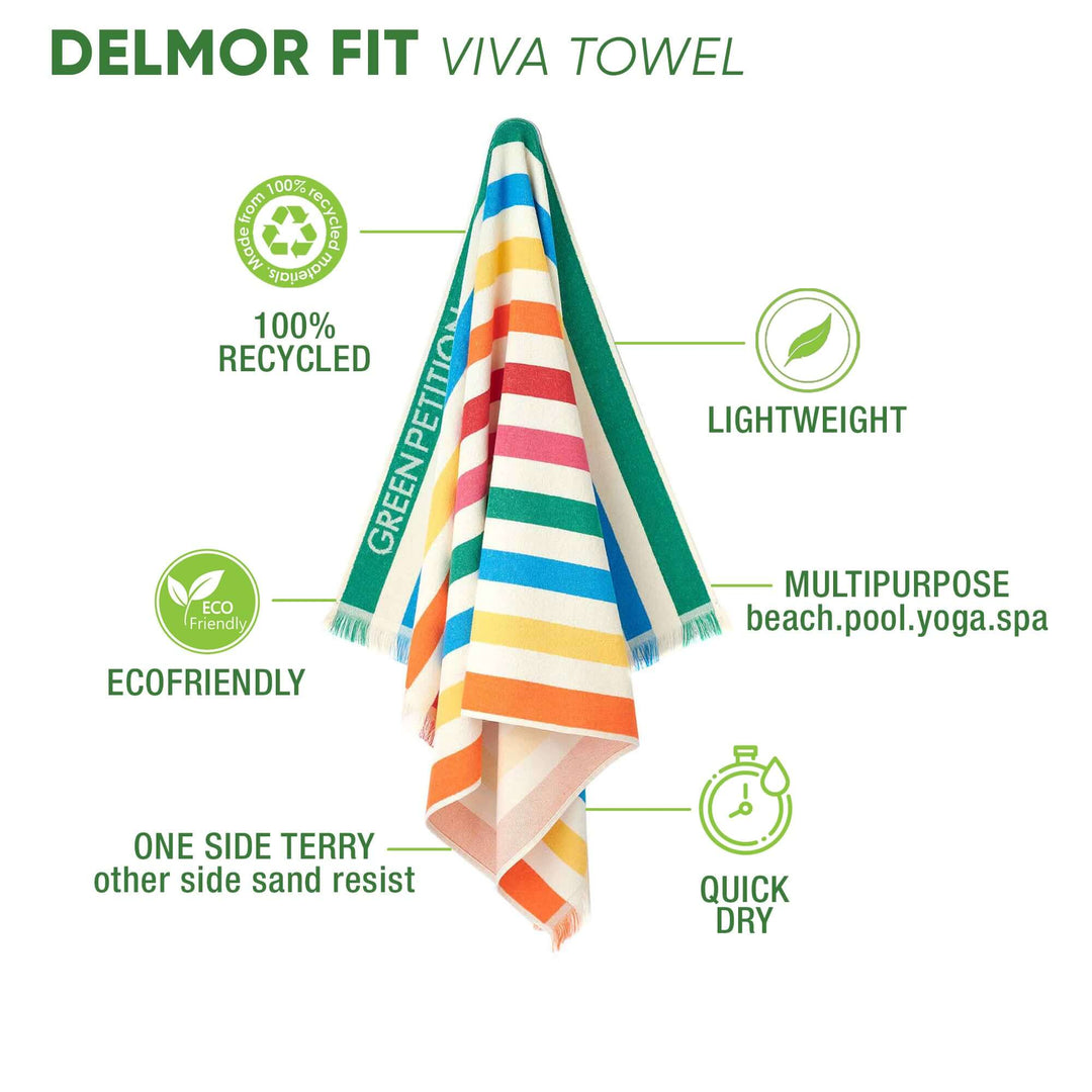 Delmor Viva FIT Bath Towel with colorful stripes, eco-friendly, lightweight, quick-dry, suitable for beach and spa.