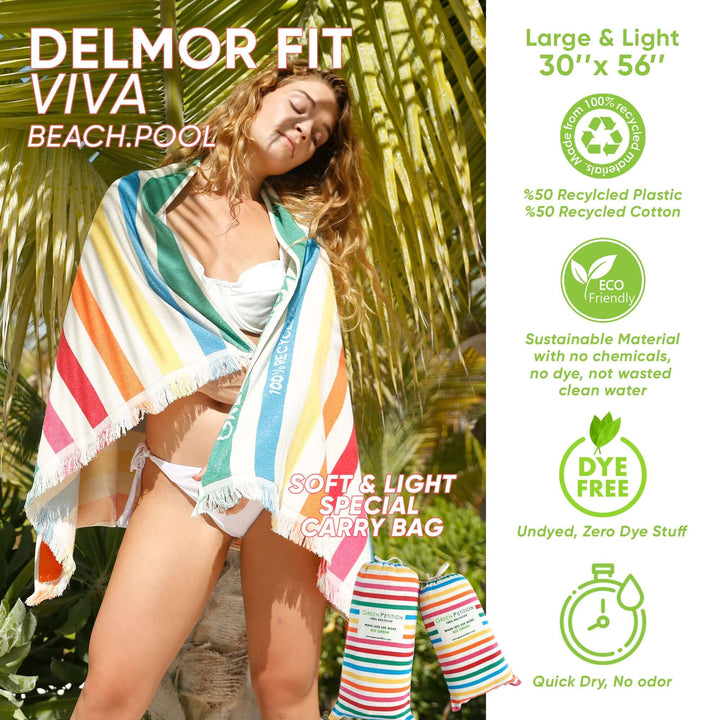 Delmor Viva FIT Bath Towel featuring eco-friendly design and colorful stripes, perfect for beach and pool use.