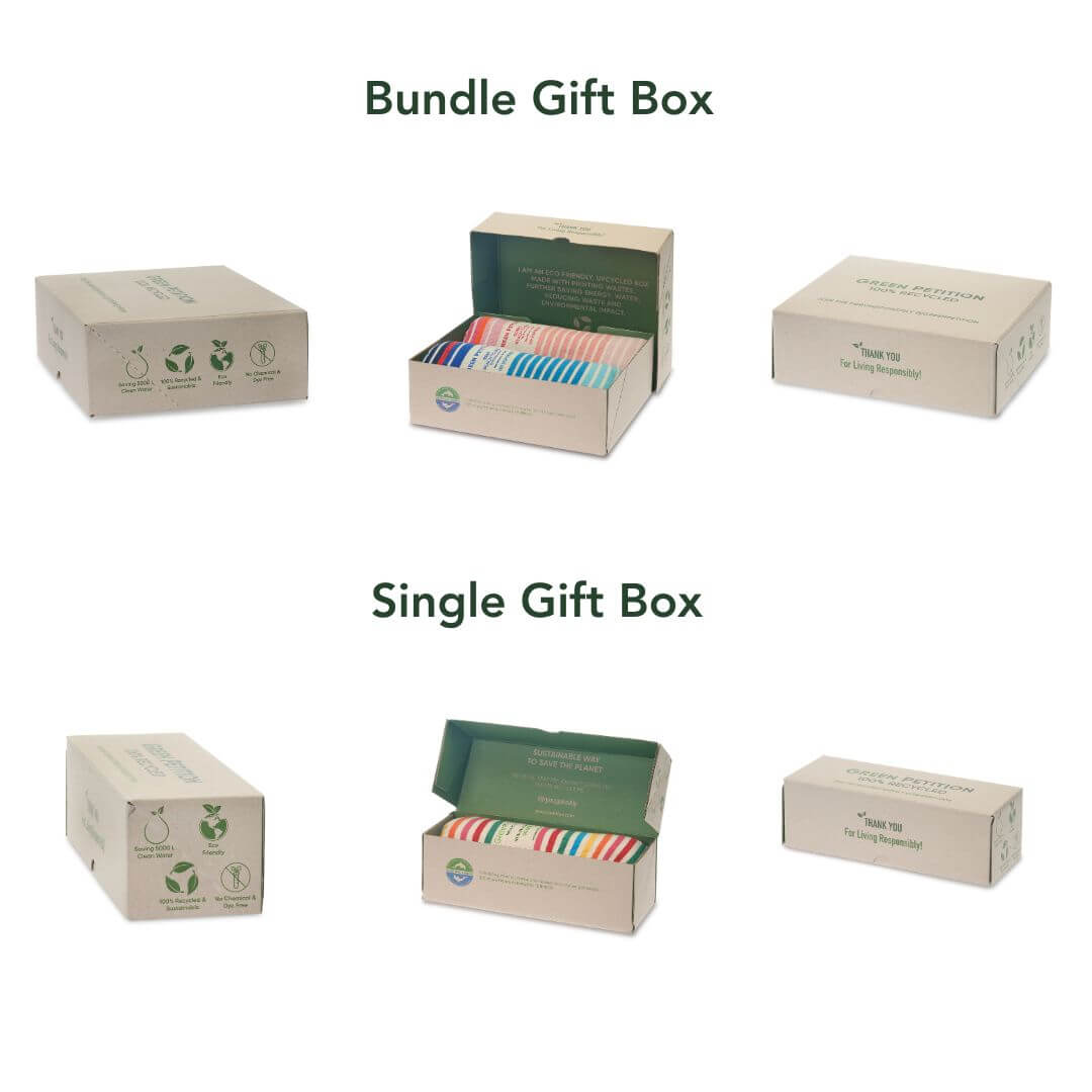 Two eco-friendly gift box designs: a bundle gift box and a single gift box, styled with colorful fillers.