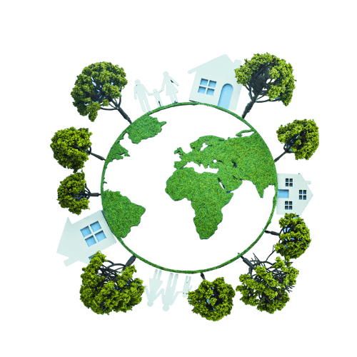 A green globe surrounded by trees and houses, symbolizing sustainability and a harmonious relationship with nature.