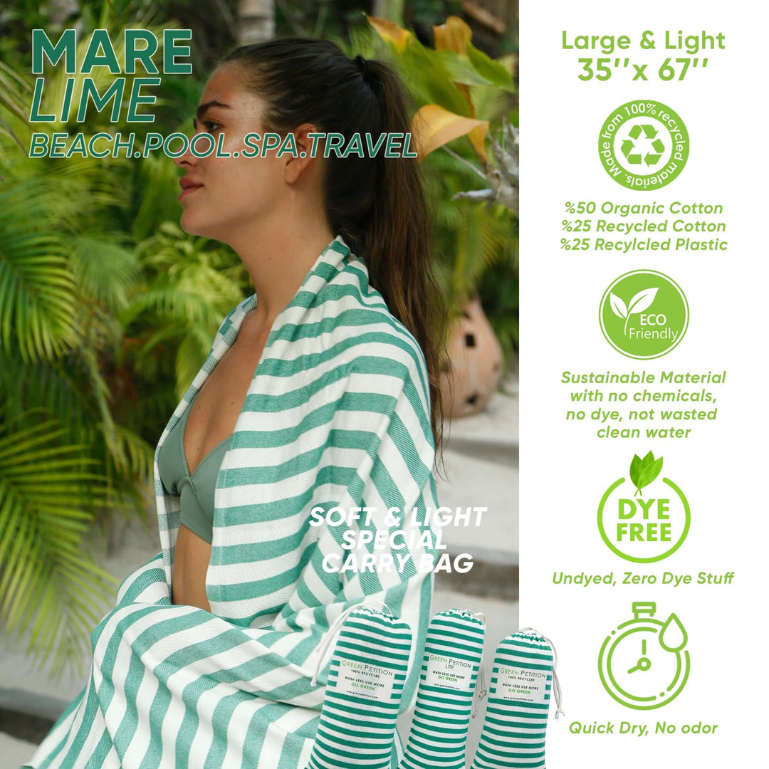 Mare Lime Peshtemal towel, light and soft, made from organic cotton and recycled plastic, eco-friendly for beach, pool, and spa.