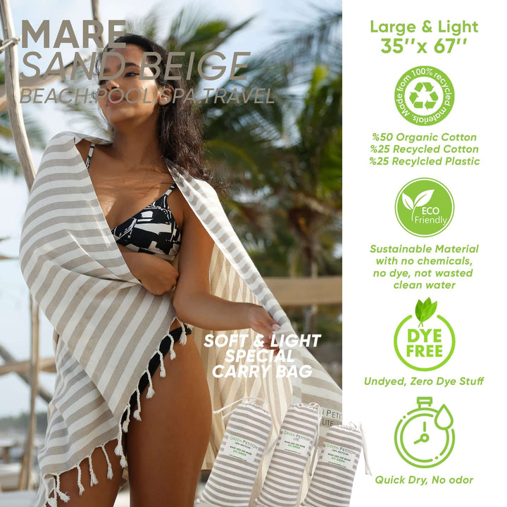 Model draped in Mare Sand Beige Peshtemal towel, showcasing its eco-friendly striped design and sustainable materials.